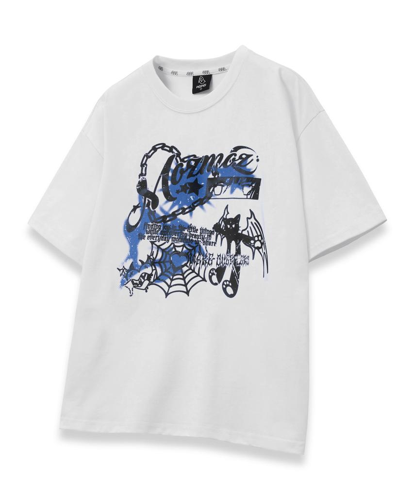 MOZMOZ Devil Cat Oversized Short Sleeve T-Shirt White