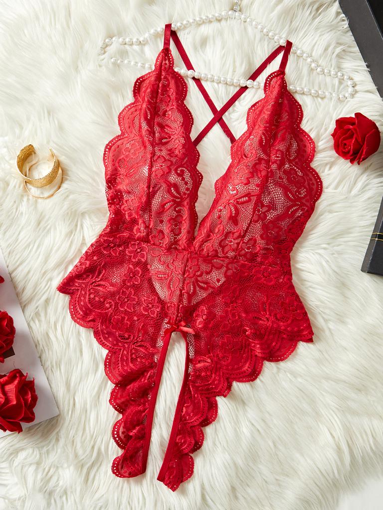 Sexy Lingerie Women Lace Hollow Bra Sets Erotic Costumes Babydoll Dress Deep V Backless Porn Women's Underwear Set Strapless