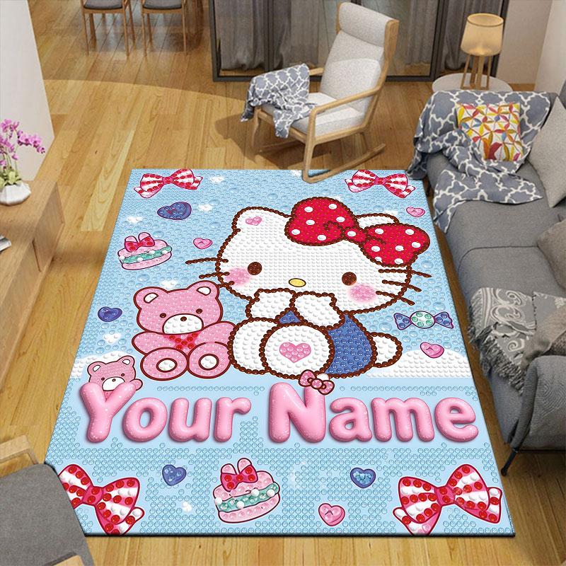 Custom Name,3D Inflated Hello Kitty Home Sofa Decoration for Living Room & Bedroom, Non‑Slip Play Flannel Floor Mat for Game Room