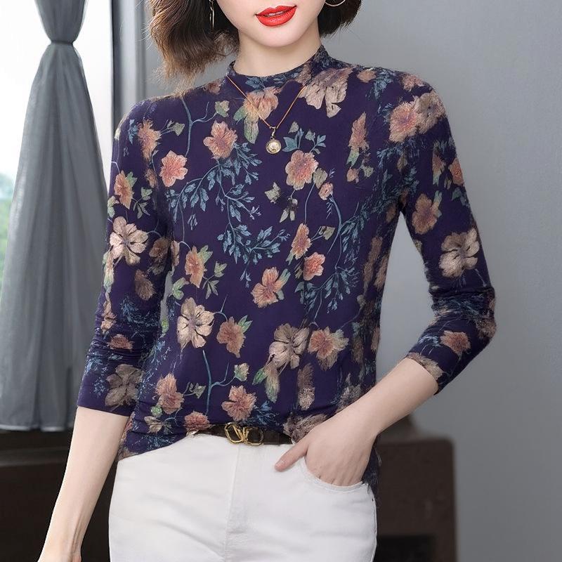 

Mom s Striped Plus Size Long Sleeve Half-High Collar Top L