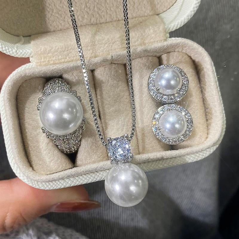 Huitan Imitation Pearl Women Necklace Stud Earrings Ring Aesthetic Wedding Inlaid CZ Jewelry Set with Gift Box for EngagementGood Product