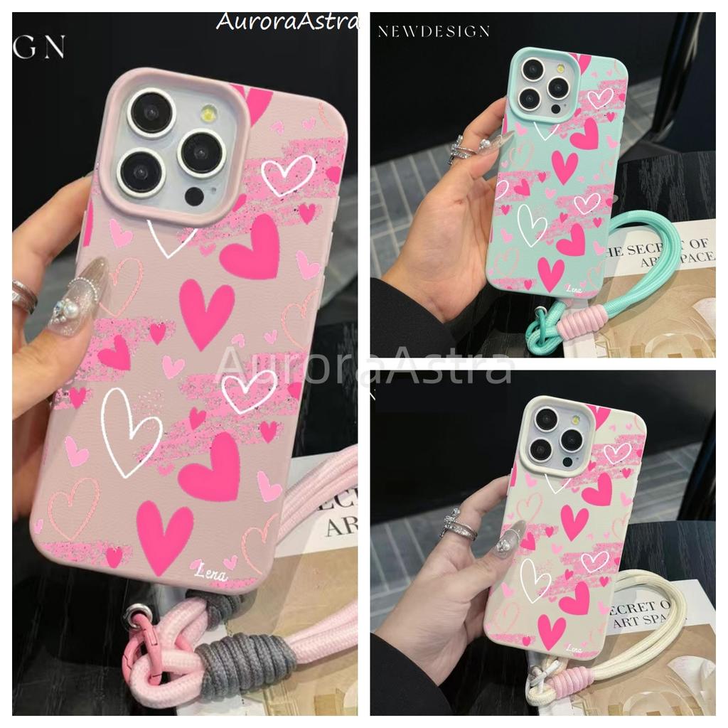 Pink Hand-Draw Heart Protective Phone Case For iPhone 17 16 16e 15 14 13 12 Pro Max 11 Plus Shockproof Lichee Pattern Funda