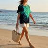 Women's Short Sleeve Linen Cotton Shirt Henley Button Neck Chest Pocket Casual Blouse with Artistic Print Pattern Lightweight Summer Top