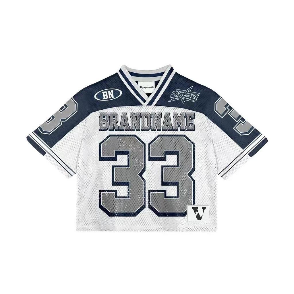 Maglietta americana Y2K, stile Harajuku, hip hop, moda, maglia da football, streetwear, vintage, casual, traspirante, con giunture, ampia, manica corta