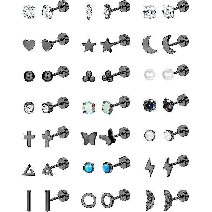 Jstyle 21Pairs Flat Back Earrings for Women Hypoallergenic Studs Set | Surgical Steel Flatback Earrings,Small CZ Star Moon Ball Pearl Earrings