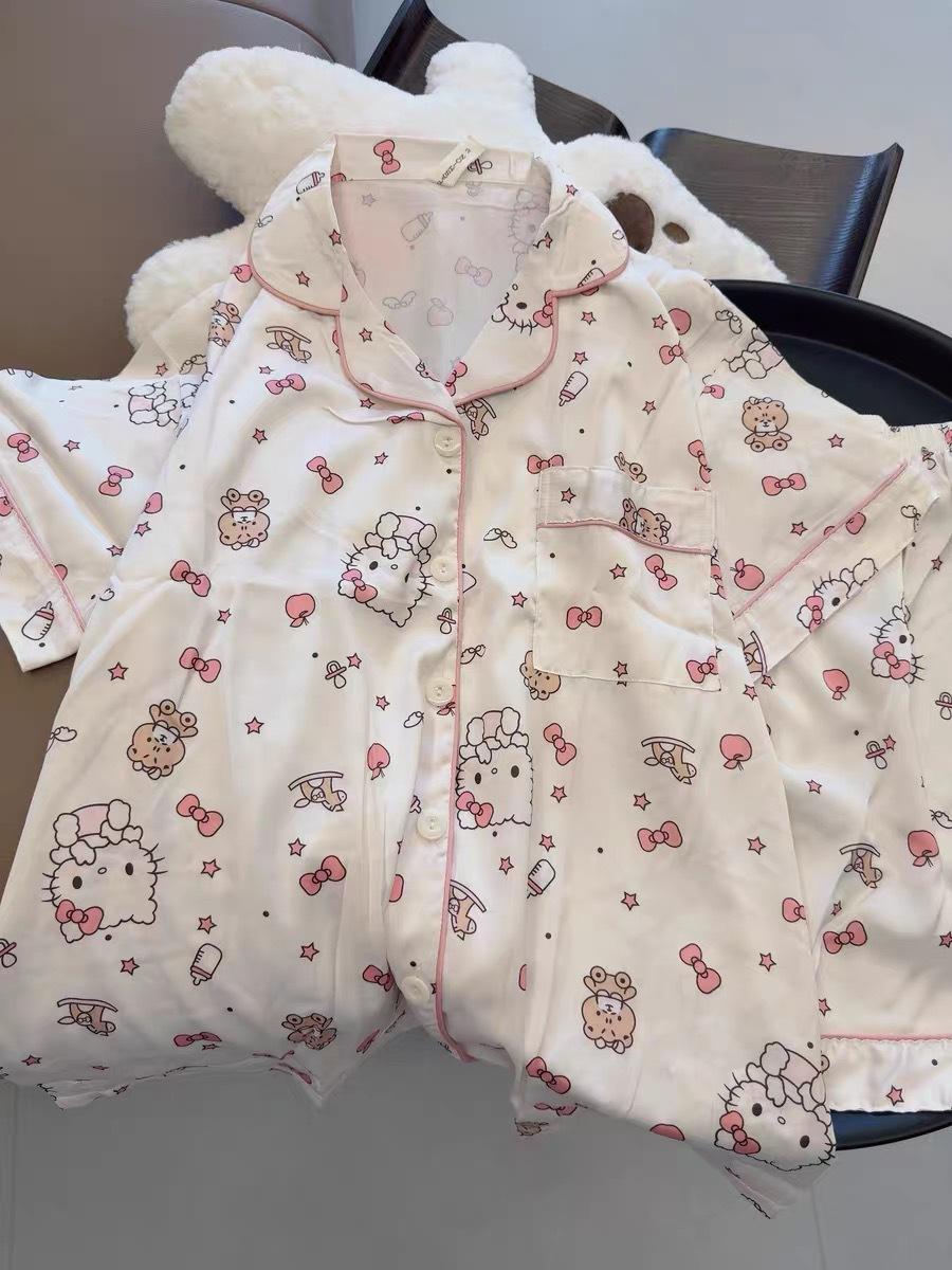 

Japanese ins wind bottle Kitty cat girl pajamas summer short-sleeved shorts set students can wear loungewear S
