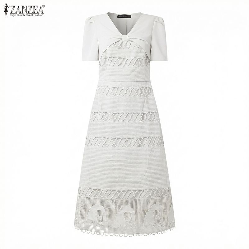 ZANZEA Elegant Women V Neck Short Sleeve Front Lace Crochet Splicing Casual Long Dress Nonelastic S