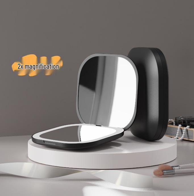 Compact Rechargeable Cosmetic Bag with LED and Foldable Handheld Makeup Mirror for Female Students