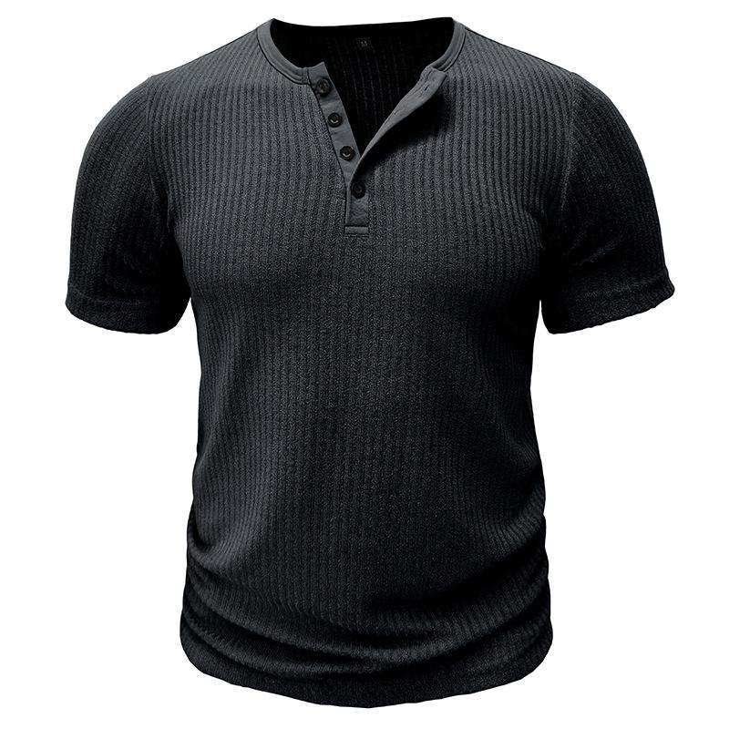 Men Ribbed Knit Henley Neck Short Sleeve Slim Fit T Shirt