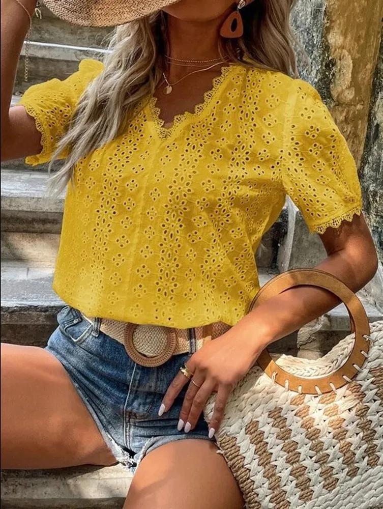 

New Summer Color Short-sleeved Hollow-out Shirt L жёлтый