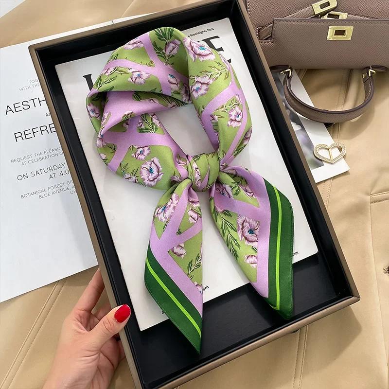 New Purple Luxury Floral Print Silk Square Scarf Women Soft Satin Hairband Hands Bag Ribbons Foulard Neckerchief Headband Hijab