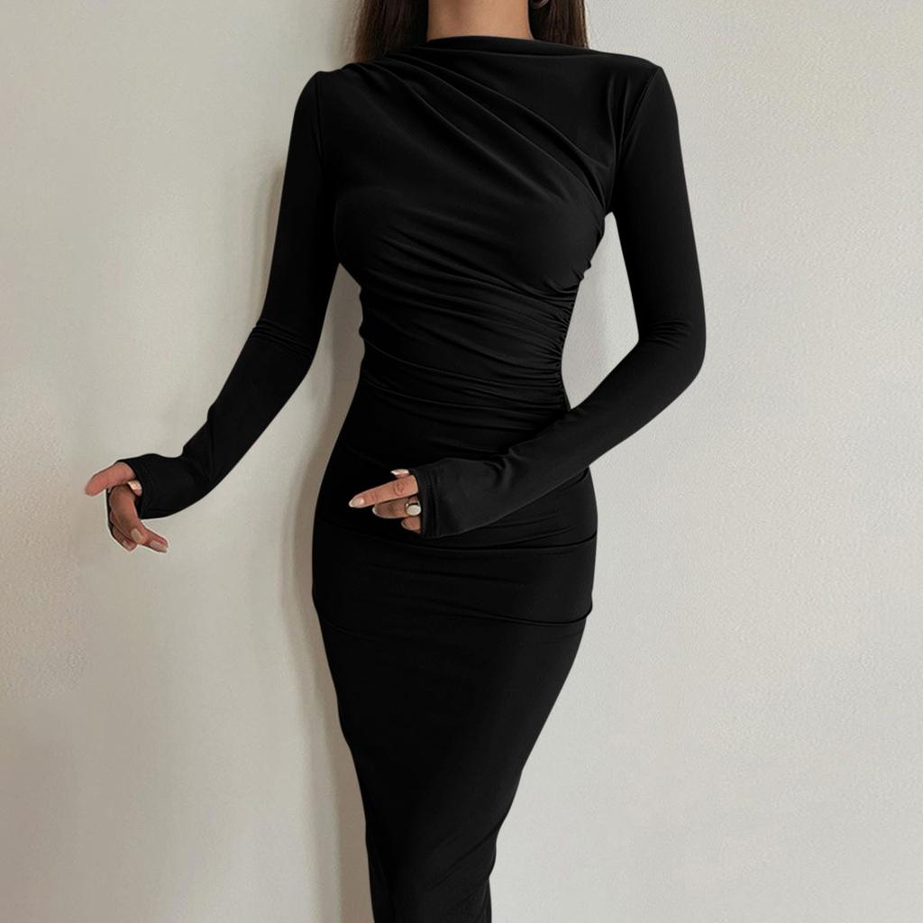 Women's Fall Long Sleeve Bodycon Maxi Dresses Sexy Ruched Neck Slim Fit Cocktail Party Dress
