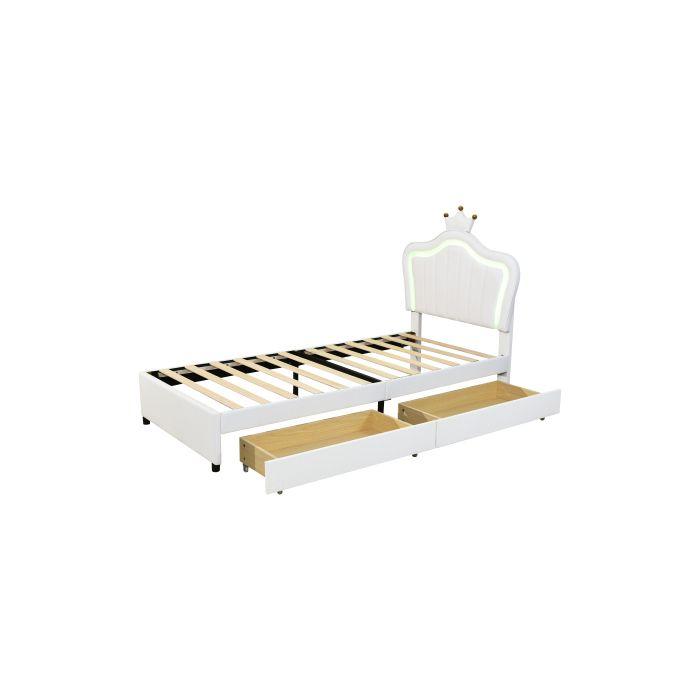 Lit d'enfant - MUVOE - 90 x 200 cm - Similicuir blanc - Tiroirs de rangement - LED multicolore