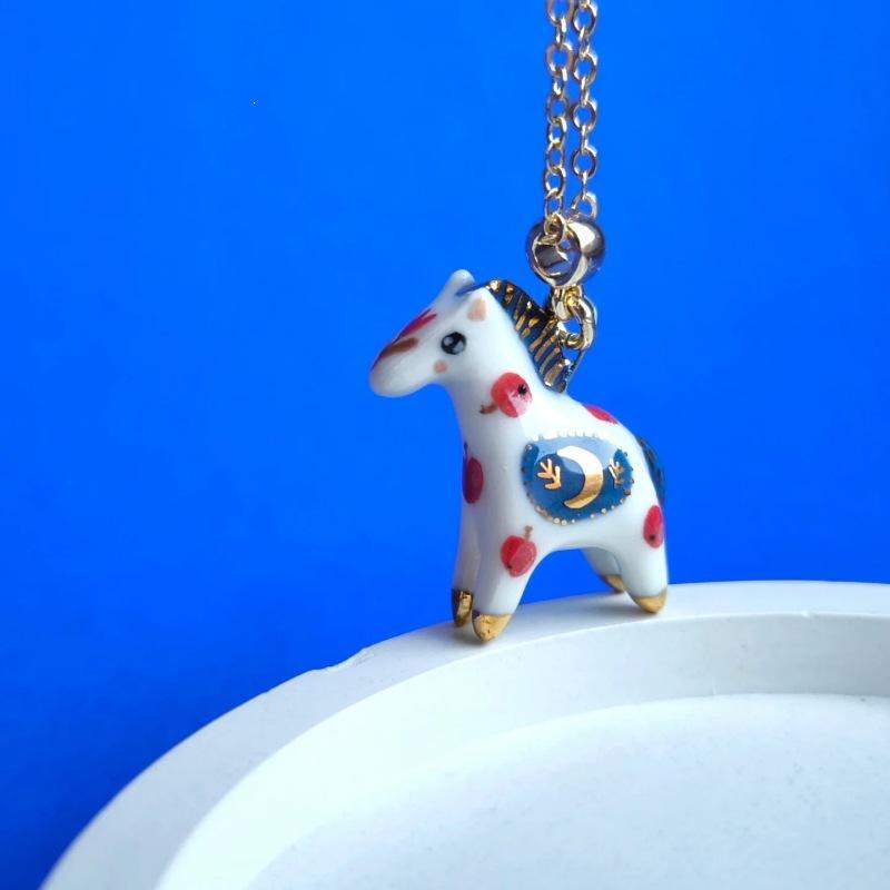 Cartoon Animal Ceramic Pendant Hand Painted Blue White Porcelain Charm Cute Cat Horse Bird Bead For Diy Necklace Jewelry Making