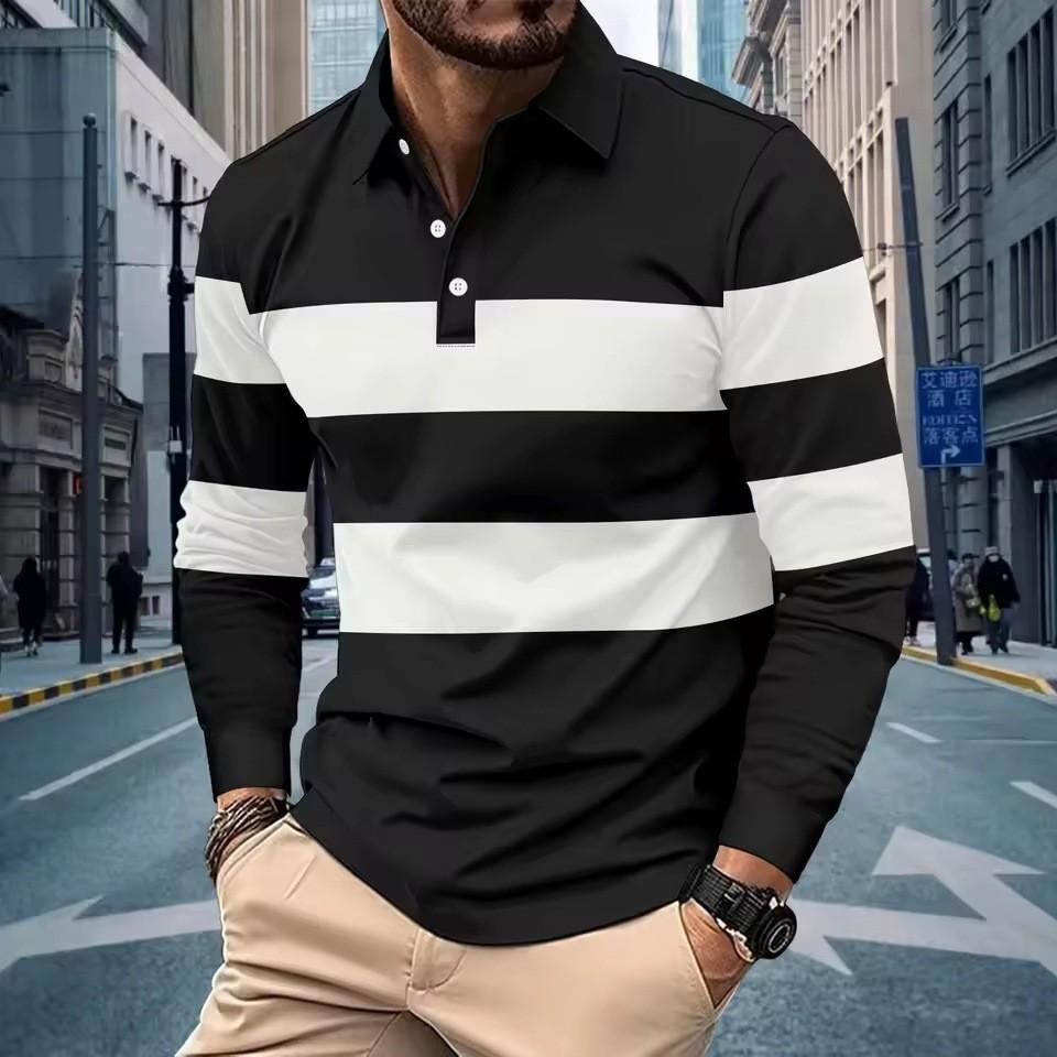 Men's Black‑White Striped Long Sleeve Polo Shirt Lapel Button Casual Slim Fit Daily Tops for Men