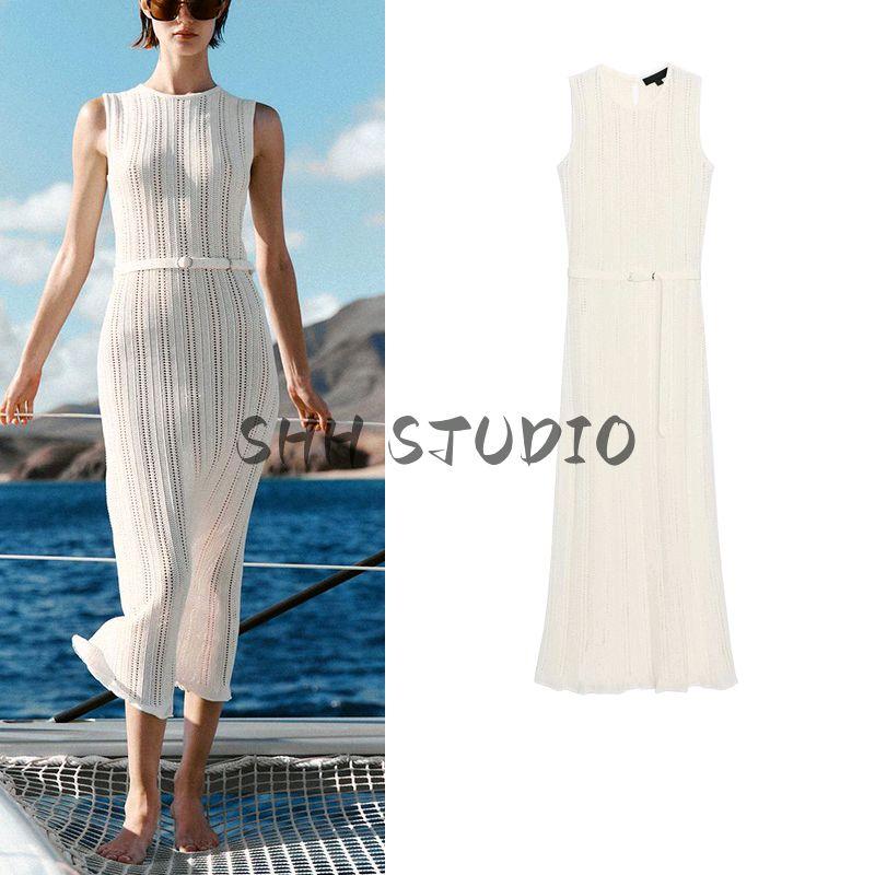 Summer Women Clothes Holiday Style Sleeveless Round Neck Belt Jacquard Mesh Knitted Midi Dress 0244003