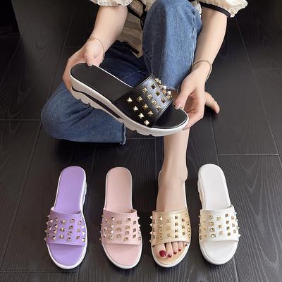 Fashion 2025 Summer Fashion Punk Style Rivet Design Word Slippers New Women's Leisure Wedge Multi-color Plus Size Beach Slippers