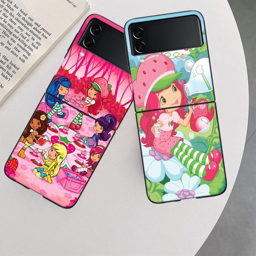 S-Strawberry Cute S-Shortcak Case for Samsung Galaxy Z Flip 6 5G Z Flip 5 4 3 5G Black Hard Cell Phone Cover Luxury PC Shell Coq