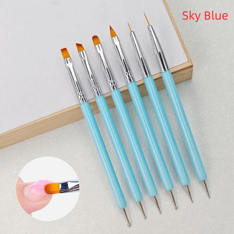 6Pcs Dual-Ended Nail Art Brush Set Black Handle Multi-Type Tips For Liner Uv Gel Painting Carving Manicure Tools Professional