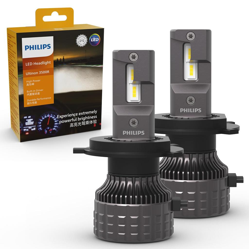 Philips H4 LED Headlight, 6500K High Brightness Type, High Lumen Automotive Bulb, PHILIPS 11342U3500X2, Pack of 2