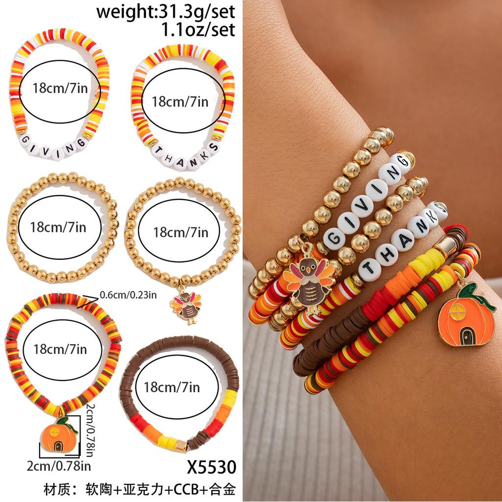 Thanksgiving Creative Turkey Pendant Colored Bracelet, Personalized Letter Pumpkin Bracelet, Charm Set