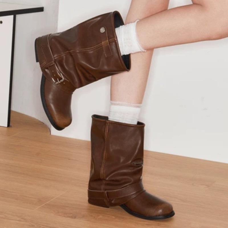 Women Western Cowboy Boots  Height Increased Vintage Block Heels Female Shoes Round Toe Pleated Style Knight Booties
