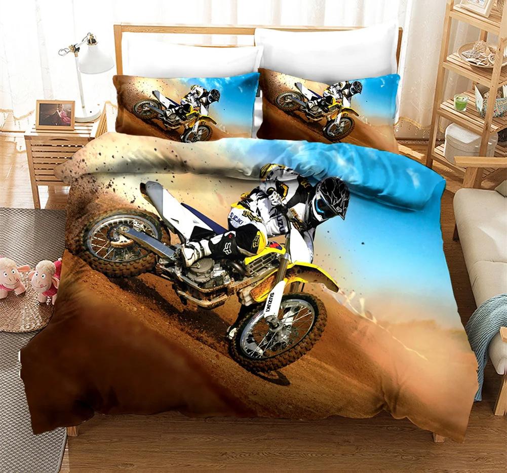 Motorrad Bettwäsche Set 3D Druck Autos Bettbezug mit Kissenbezug Motocross Tagesdecke Jungen Kinder Bettset King Size Heimtextilien
