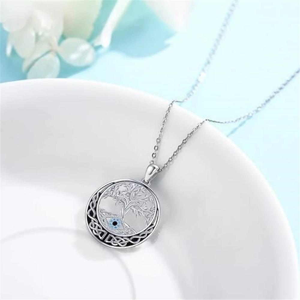 Charm Female Crystal Stone Life Tree Pendant Necklace Vintage Silver Color Wedding  For Women