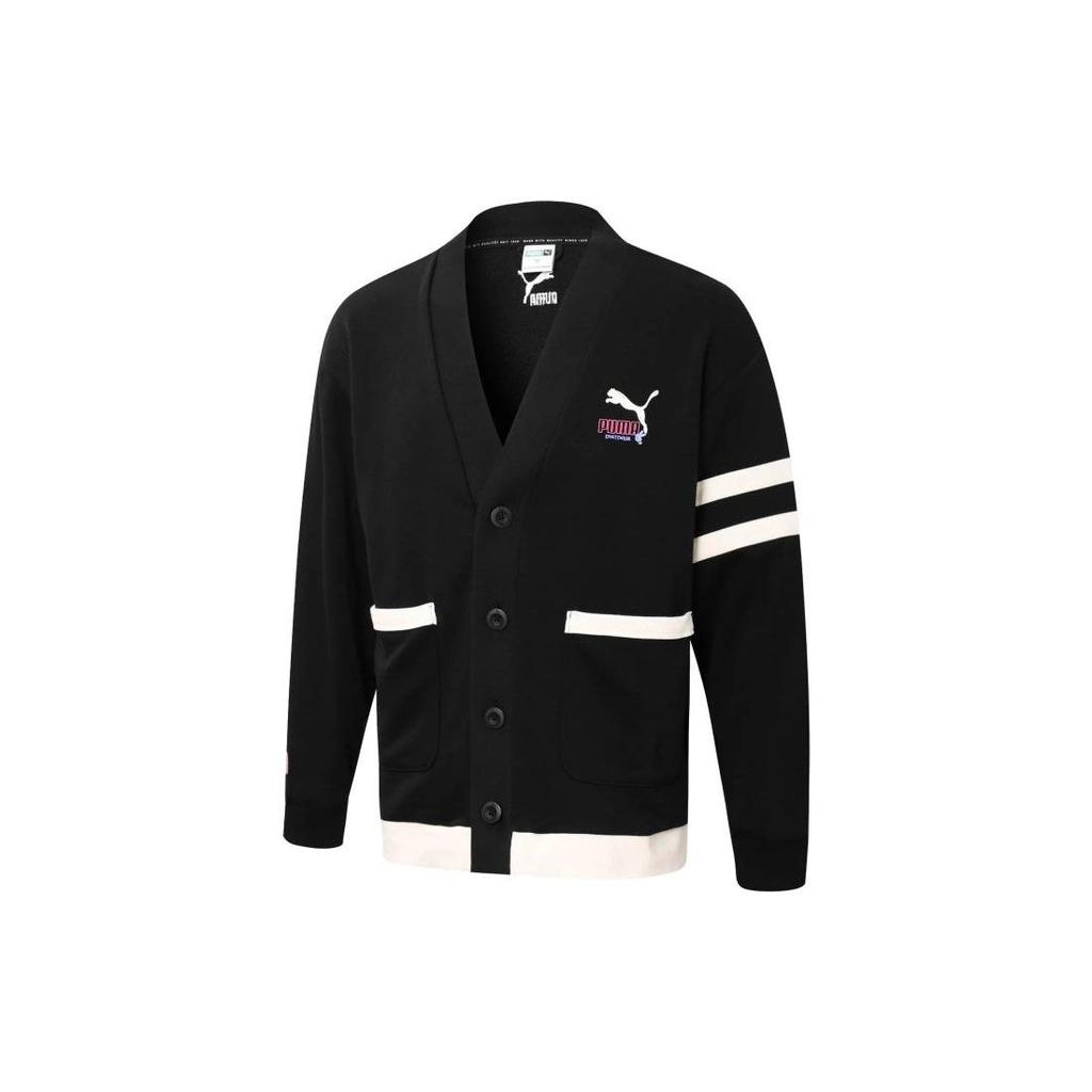 PUMA Logo Striped V-Neck Cardigan Unisex Tops Black 537517-01