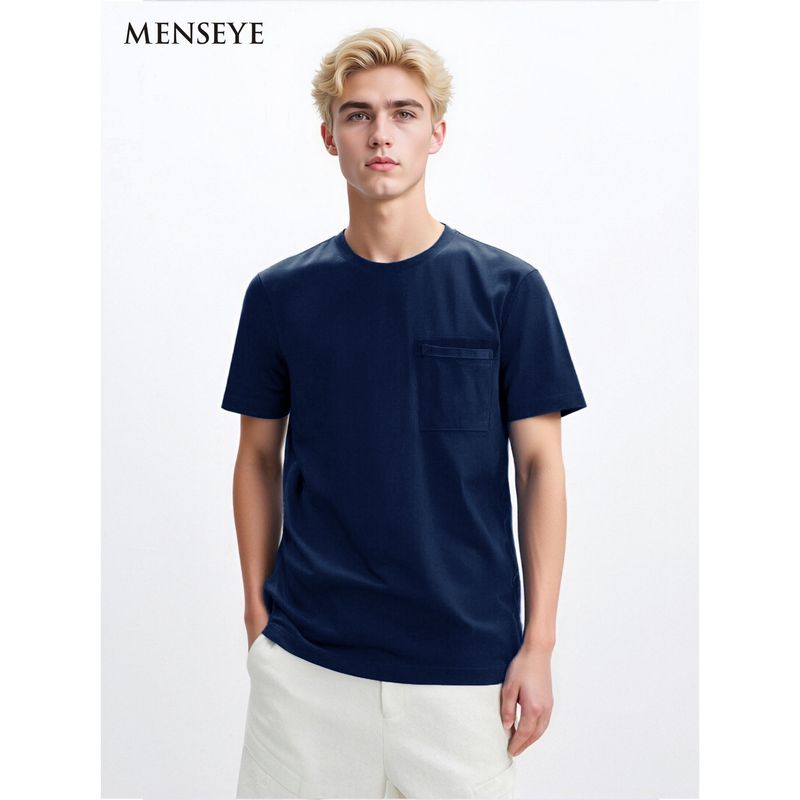 Same Style as in the Mall | Menseye Men's Eye T-Shirt Men's Summer New Style Patch Pocket Versatile Solid Color Navy Blue