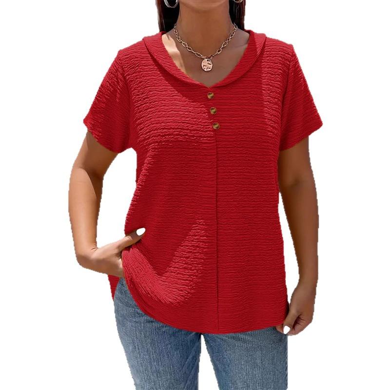 Camiseta Elegante Gola Boneca Tamanho Grande para Mulheres Cor Sólida Manga Curta Botões Plissados Tops Verão Solta Casual Simples Doce Camisa Roupa Feminina