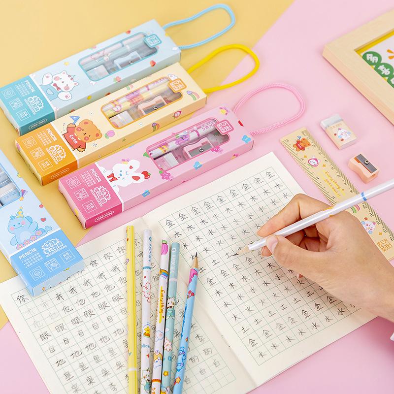 20Sets Portable Stationery Set Animal Cartoon Pencil Cute Ruler Children Pencil Sharpener Student Eraser School Supplies Gifts