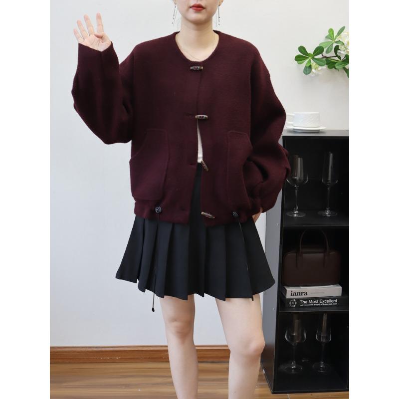 Autumn and winter new horn buckle casual loose versatile knitted double-sided cardigan fashion sweater jacket women