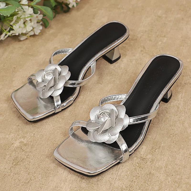Fashion Silver Flower Decor High Heel Slippers for Women 2025 Summer Thin Heeled Square Toe Sandals Woman Fashion Party Sandalias Mujer