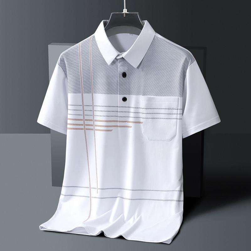 

Men Short Sleeve Polo Shirt Striped Print With Pocket Casual Breathable Top M белый