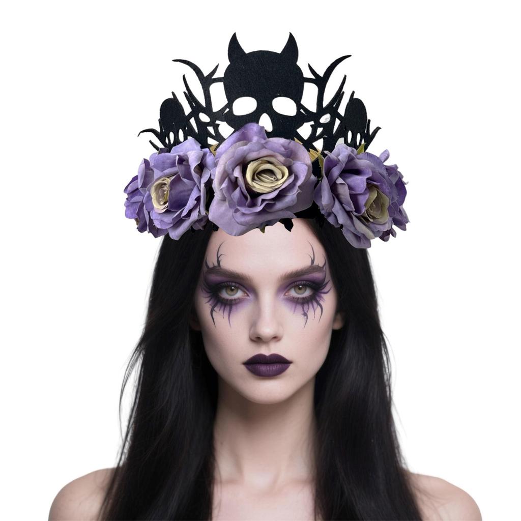 Adjustable Witch Devil Crowns Headpiece For Halloween Parties Soft Fabric Roses Costume Decoration