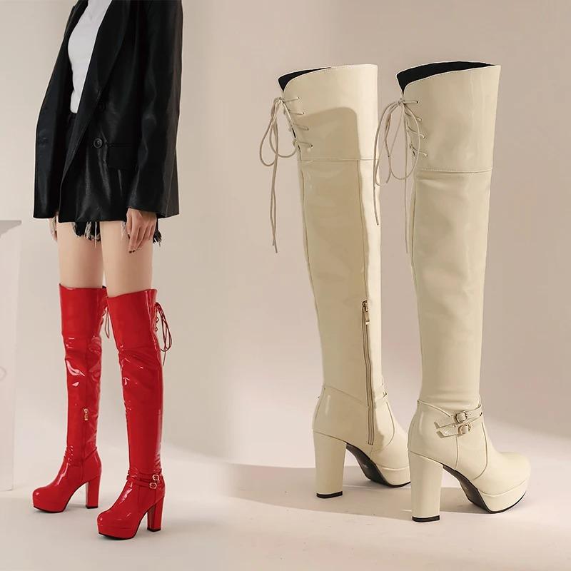 Fashion Women Round Toe Platform Boots femme Over The Knee Boots Ladies Sexy High Heels Patent Leather Long Boot Woman 2025 Winter Shoes
