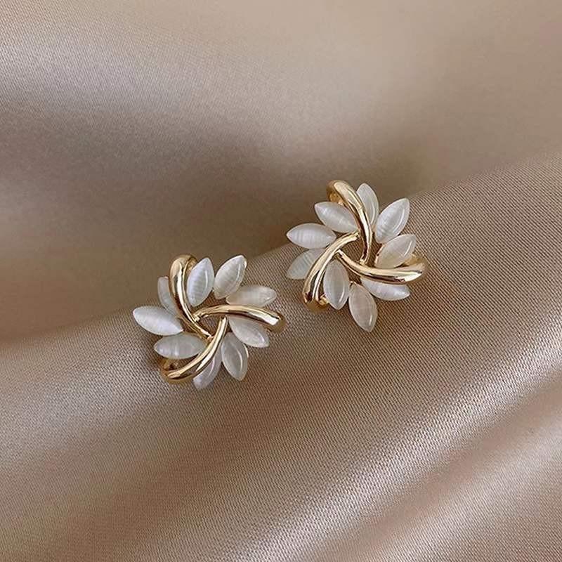 New fashion opal French petal stud earrings female Korean version simple temperament high-end earrings
