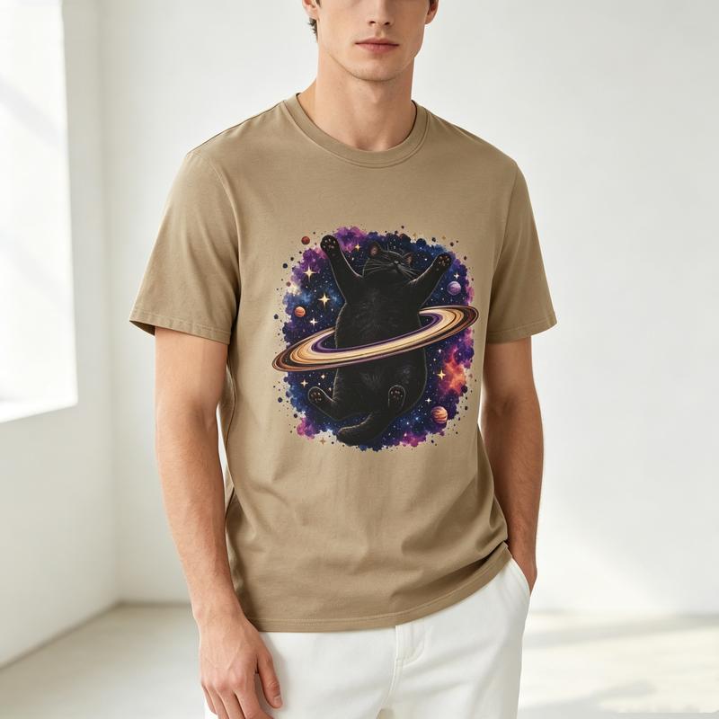 Space Black Cat Graphic T Shirt Galaxy Saturn Cat Print Unisexs Unisexs Cotton Crew Neck Casual Y2k Top Oversized Tee Harajuku