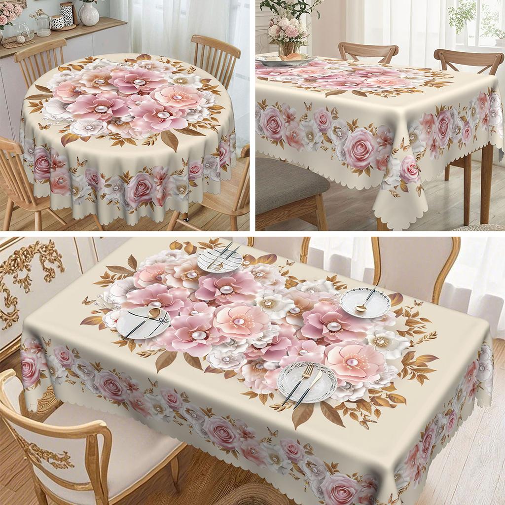 An Elegant White And Pink, White Pearl Luxury Floral Tablecloth With A Beige Background.