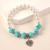 Pearl Turquoise Beaded Bracelet with Heart Pendant - Fashionable DIY Elastic Design for Women