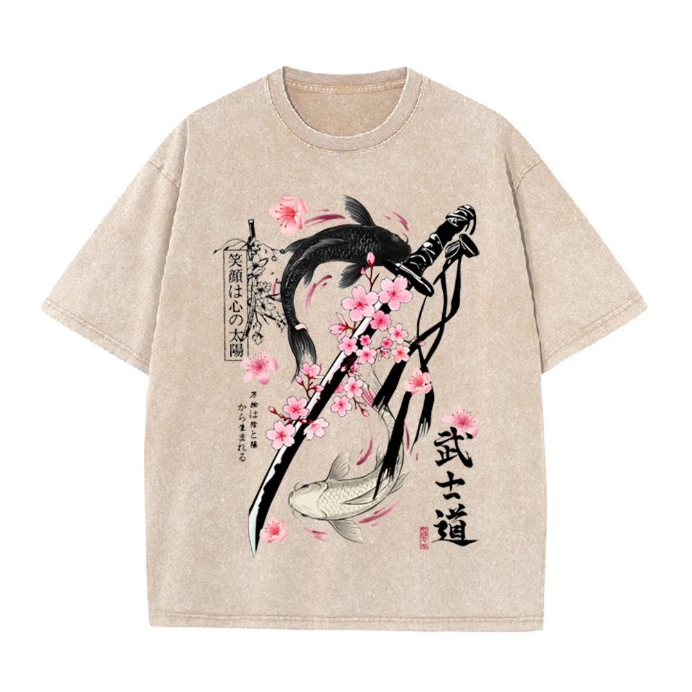 2026 Vintage Washed Beige Japanese Koi Fish Sakura Katana Graphic T Shirt Oriental Retro Animal Print Oversized Casual Short Sle