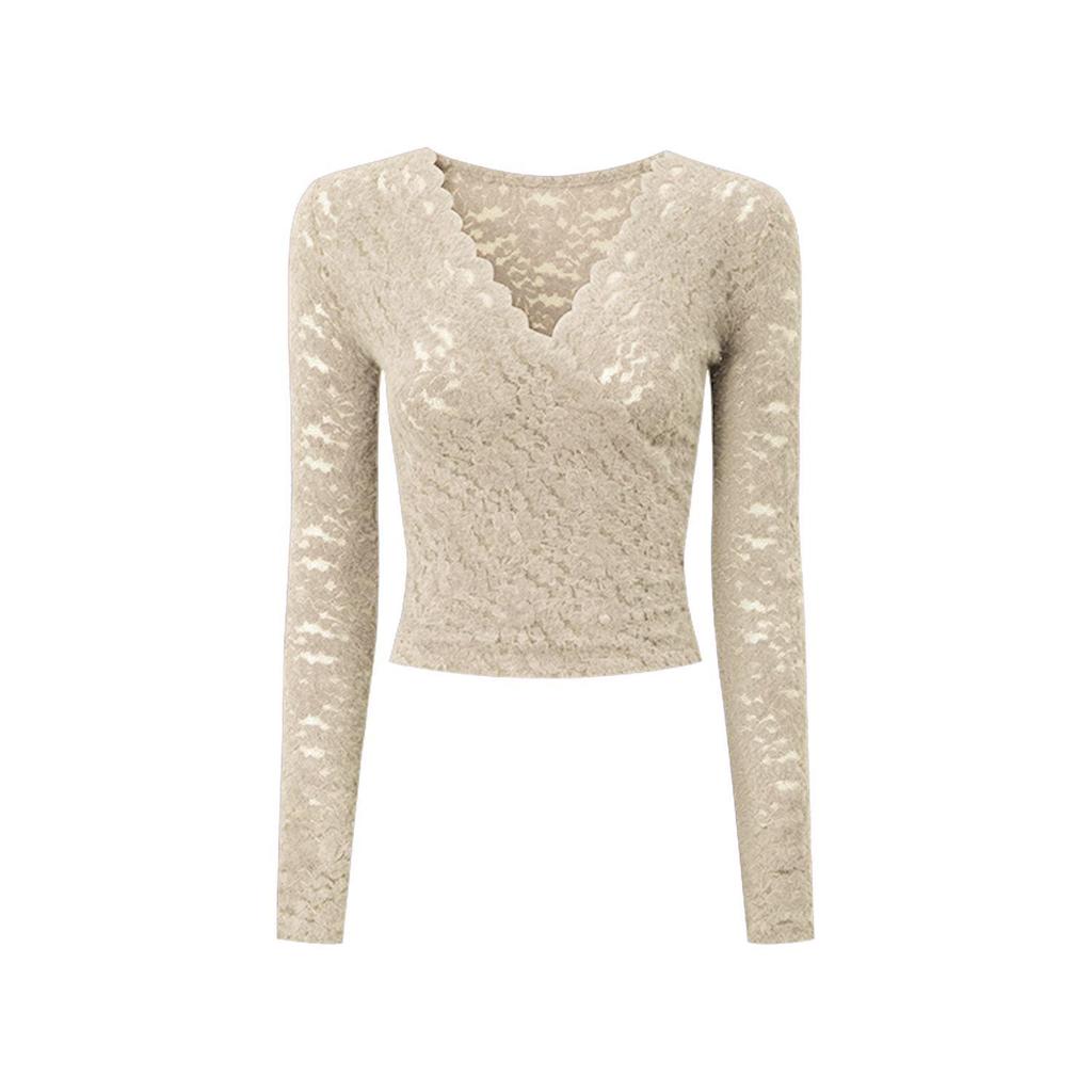 Pure Desire V-Neck Crochet Lace Shirt: Women's Long-Sleeve Slim-Fit T-Shirt for Autumn/Winter, Hot Girl Style, Short Top.