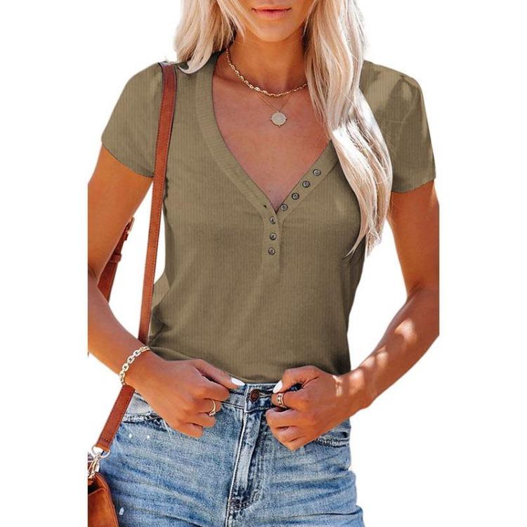 

Women Sexy V Neck T Shirt Spring Summer Short Sleeve Tops XL хакі