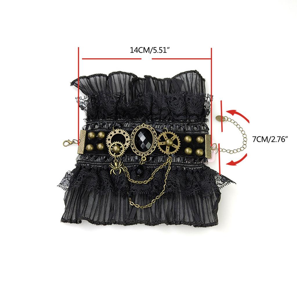 Gothic Steampunk Ruffled Lace Wrist Cuffs Fake Sleeve Crystals Gear Fingerless Gloves Halloween Arm Warmer Bracelet