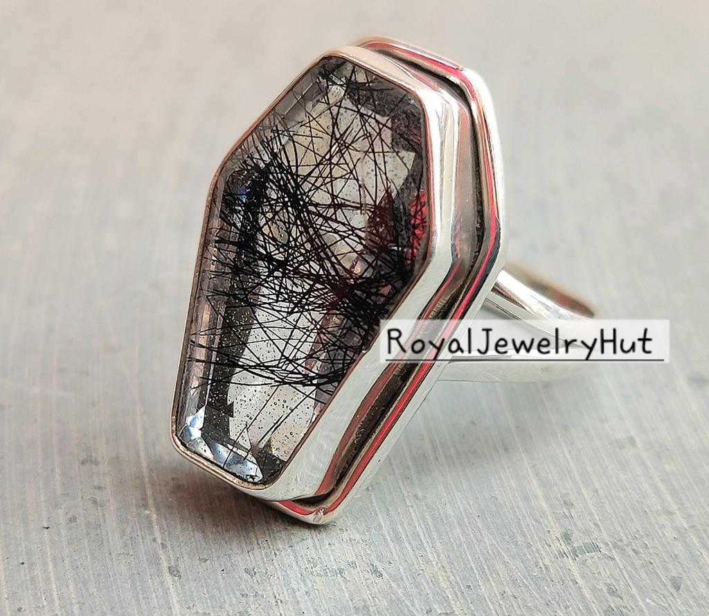 Schwarzer Rutil Sargring, Edelsteinring, 925 Sterlingsilber, Handgefertigter Schmuck, Boho-Ring, Damenring Geschenk für Sie