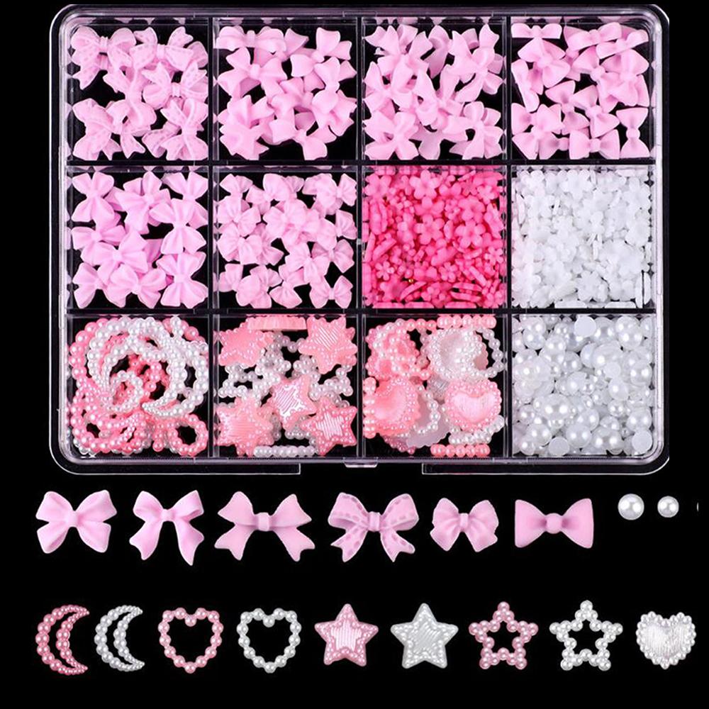 12Grids/Box Mixed Resin Bowknot Nail Charms 3D Colorful Bow Kawaii Rhinestone Nail Art Decorations DIY Manicure Parts Pen Tweeze