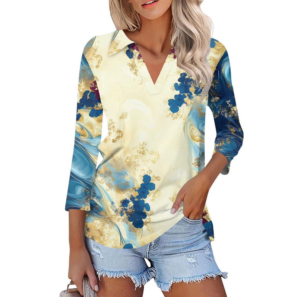 Damenmode Lässiges Revers 3/4 Ärmel Bedrucktes Hemd Damen V-Ausschnitt Oberteile