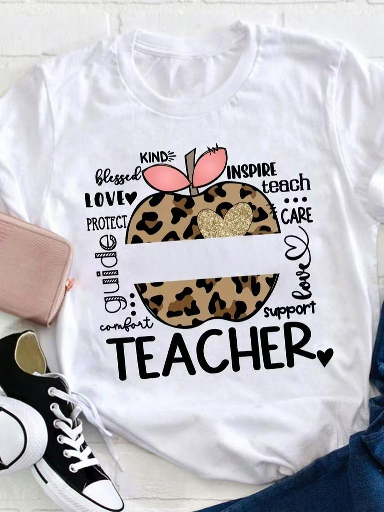 Teacher Tshirt Leopard Apple With Inspirational Words Graphic Short Sleeve Tops All Season Casual Wear Trendy Streetwear