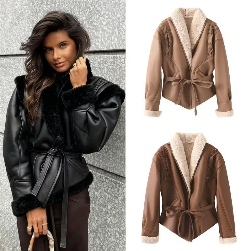 Za New Fall Women's Clothing 2025 Fashion Style Fashion Suede Faux Lamb Wool Jacket Shoelace Short Coat